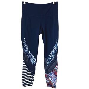 Athleta Mixed Print Mesh Inset Leggings Navy Blue Floral Stripe XSP Petite‎
